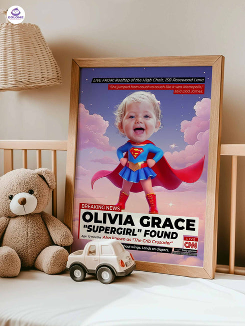 Custom Baby Flying Hero Poster – Personalized Baby Girl Wall Art